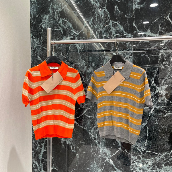 Miumiu 25 Striped Lapel Knitted Short Sleeves Shirt Wool