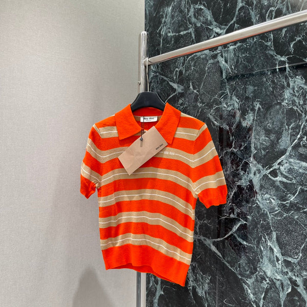 Miumiu 25 Striped Lapel Knitted Short Sleeves Shirt Wool