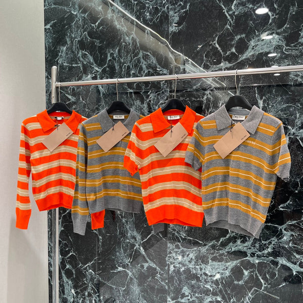 Miumiu 25 Striped Lapel Knitted Short Sleeves Shirt Wool