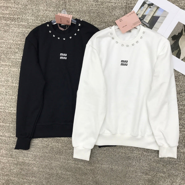 Miumiu 25 Crewneck Sweatshirt with 3D Rhinestone Logo Cotton