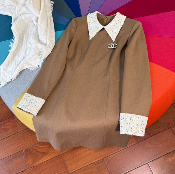 CC 25 A-Line Long Sleeved Dress Brown Polyester