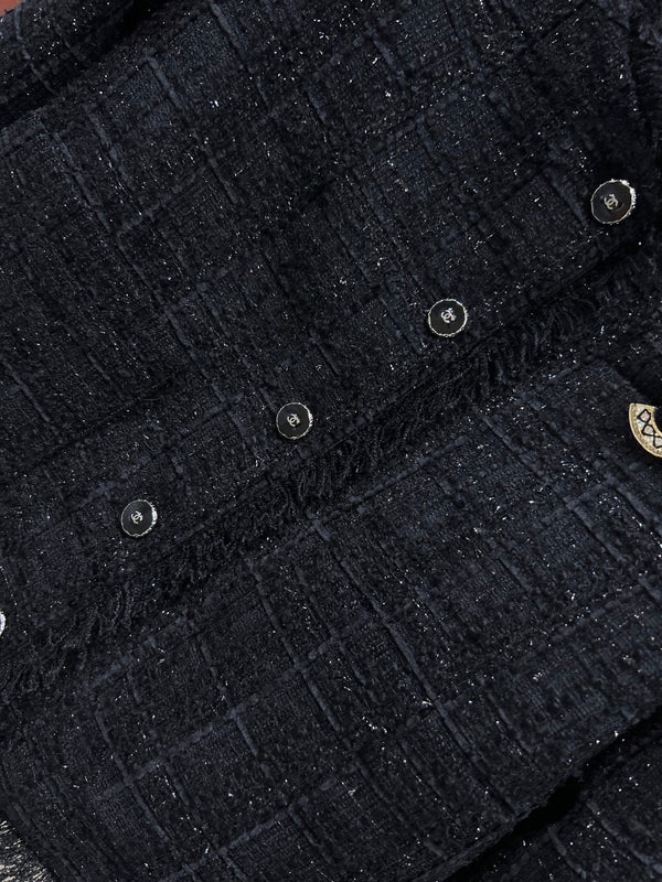 CC 25 Tweed Short Fringed Black Jacket 304699