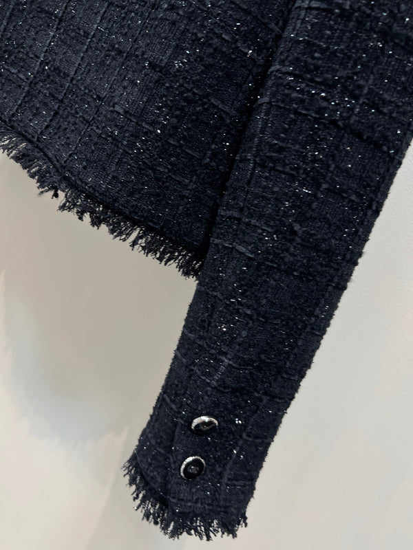 CC 25 Tweed Short Fringed Black Jacket 304699