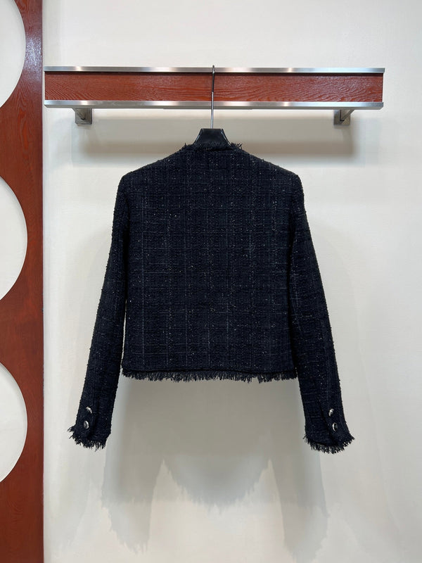 CC 25 Tweed Short Fringed Black Jacket 304699