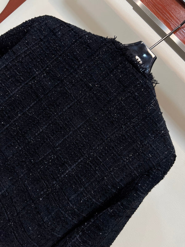 CC 25 Tweed Short Fringed Black Jacket 304699