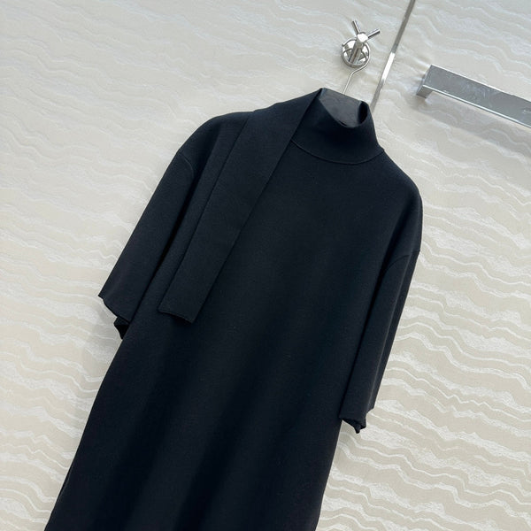 The Row High-End Wool Short-Sleeved Dress With a Ribbon Scarf Black Wool 304588