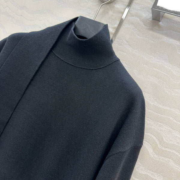 The Row High-End Wool Short-Sleeved Dress With a Ribbon Scarf Black Wool 304588