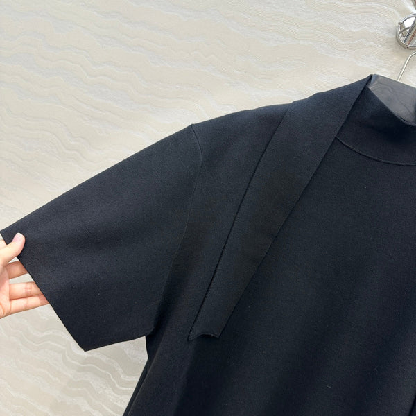 The Row High-End Wool Short-Sleeved Dress With a Ribbon Scarf Black Wool 304588