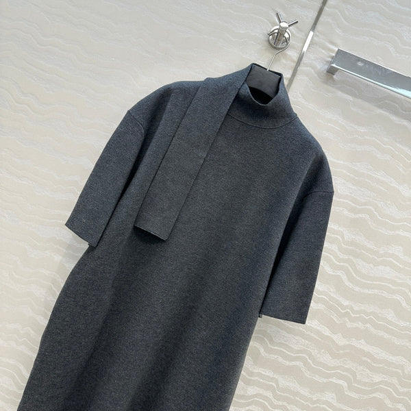 The Row High-End Wool Short-Sleeved Dress With a Ribbon Scarf Gray Wool 304590