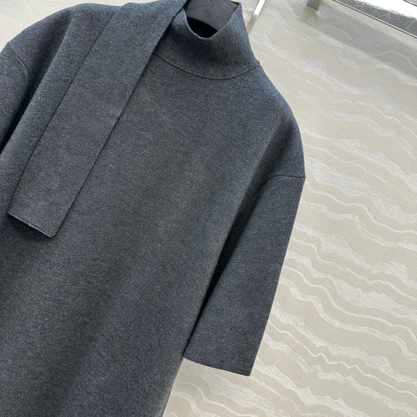 The Row High-End Wool Short-Sleeved Dress With a Ribbon Scarf Gray Wool 304590
