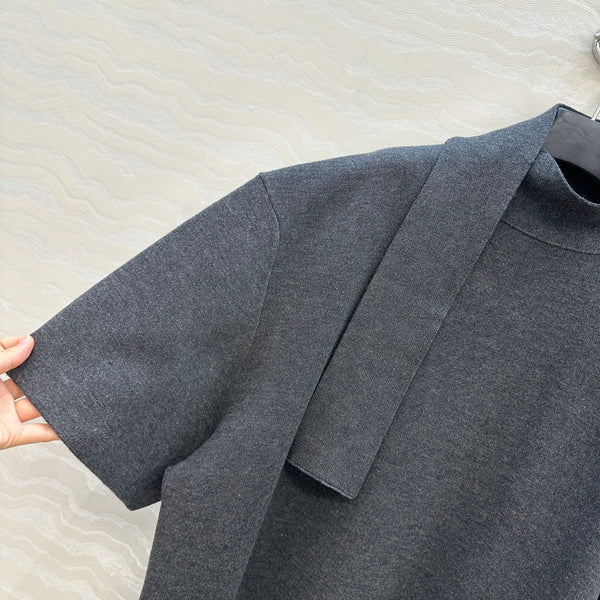 The Row High-End Wool Short-Sleeved Dress With a Ribbon Scarf Gray Wool 304590