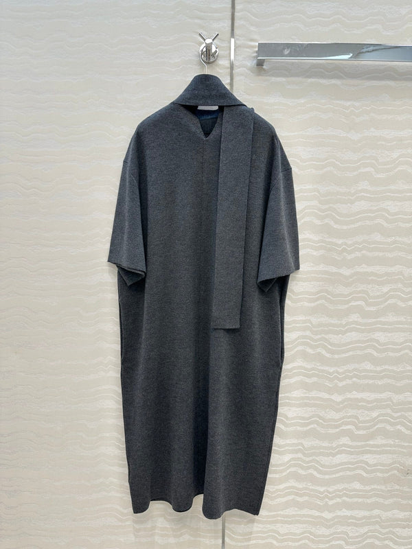 The Row High-End Wool Short-Sleeved Dress With a Ribbon Scarf Gray Wool 304590