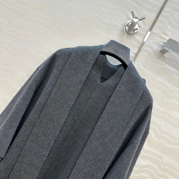 The Row High-End Wool Short-Sleeved Dress With a Ribbon Scarf Gray Wool 304590