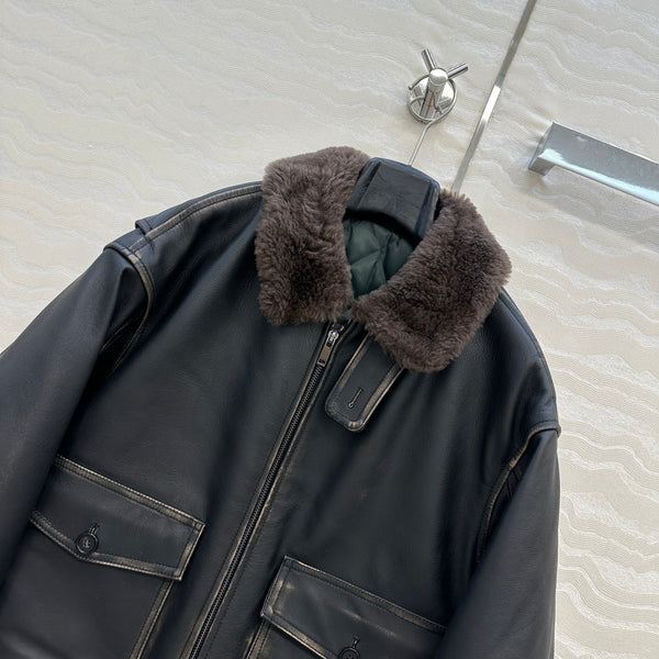 The Row Teddy Lamb Fur Collar Cowhide Down Jacket Black and Brown 304583