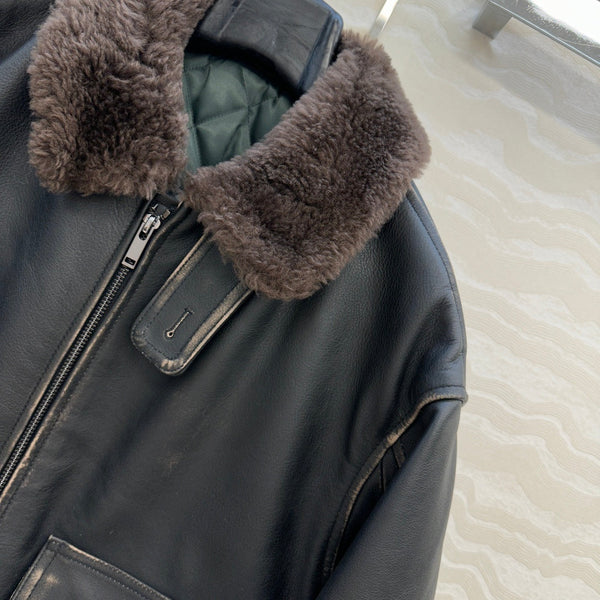 The Row Teddy Lamb Fur Collar Cowhide Down Jacket Black and Brown 304583