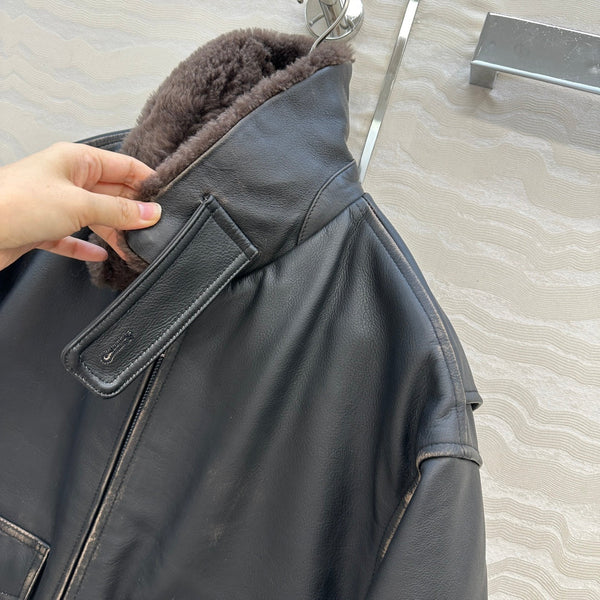 The Row Teddy Lamb Fur Collar Cowhide Down Jacket Black and Brown 304583