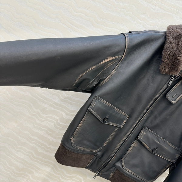 The Row Teddy Lamb Fur Collar Cowhide Down Jacket Black and Brown 304583