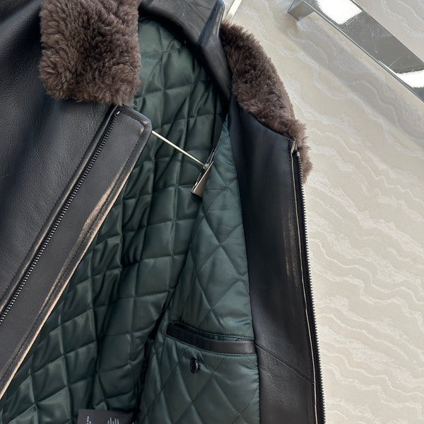 The Row Teddy Lamb Fur Collar Cowhide Down Jacket Black and Brown 304583