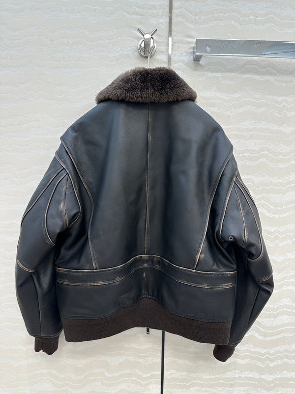 The Row Teddy Lamb Fur Collar Cowhide Down Jacket Black and Brown 304583