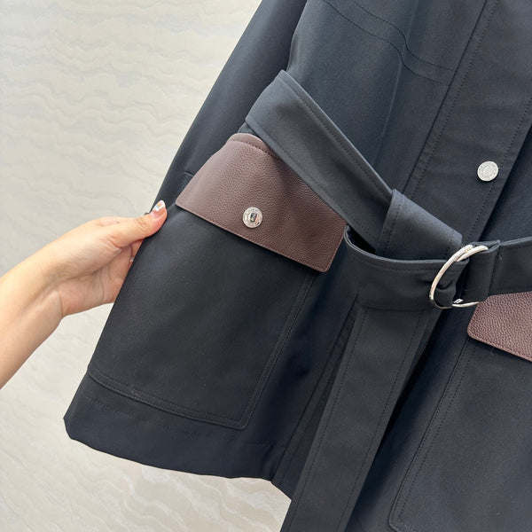 HM Majia Mid-Length Trench Coat Black Lychee-Grained Suede 304562