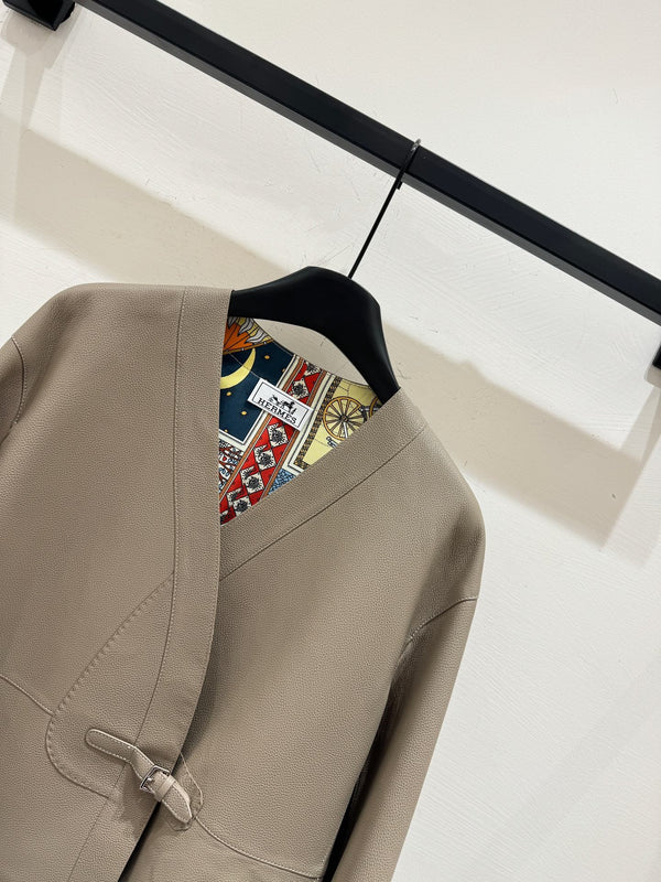 HM Leather Button V-Neck Blazer Beige Lambskin 303971