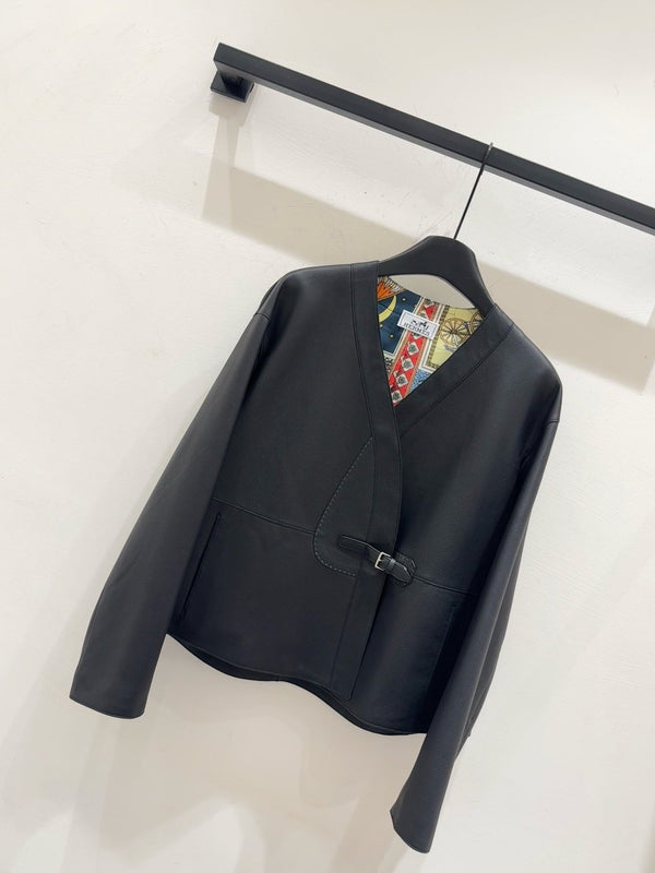 HM Leather Button V-Neck Blazer Black Lambskin 303970