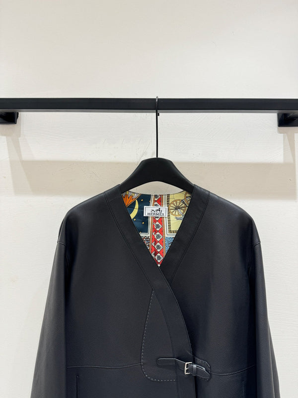 HM Leather Button V-Neck Blazer Black Lambskin 303970