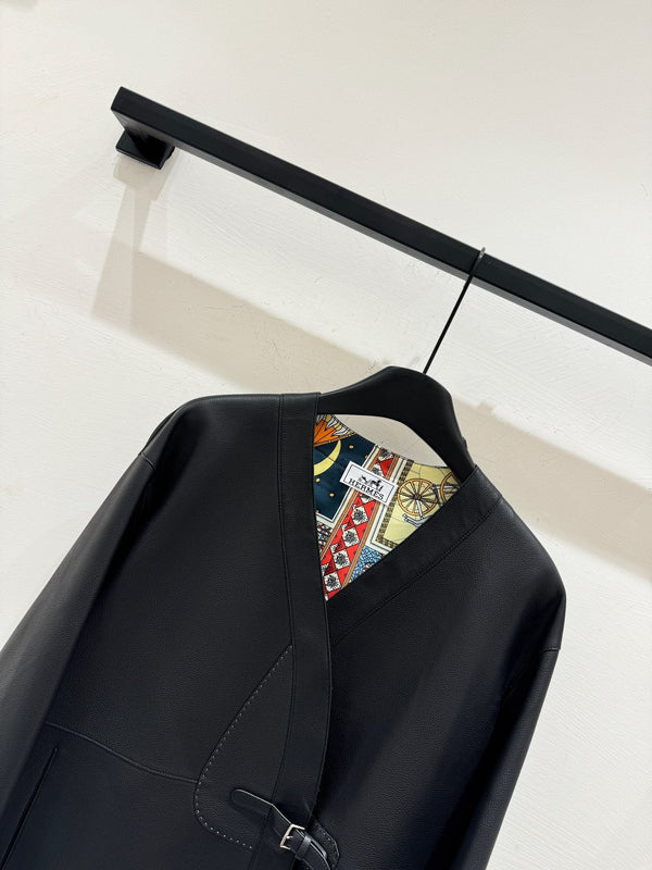 HM Leather Button V-Neck Blazer Black Lambskin 303970