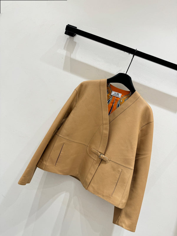 HM Leather Button V-Neck Blazer Brown Lambskin 303969