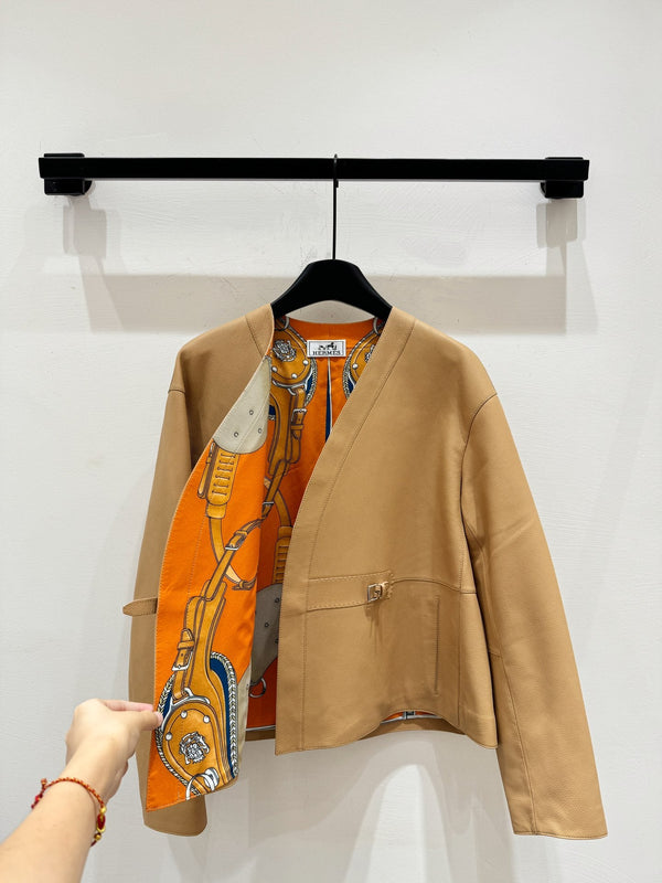 HM Leather Button V-Neck Blazer Brown Lambskin 303969