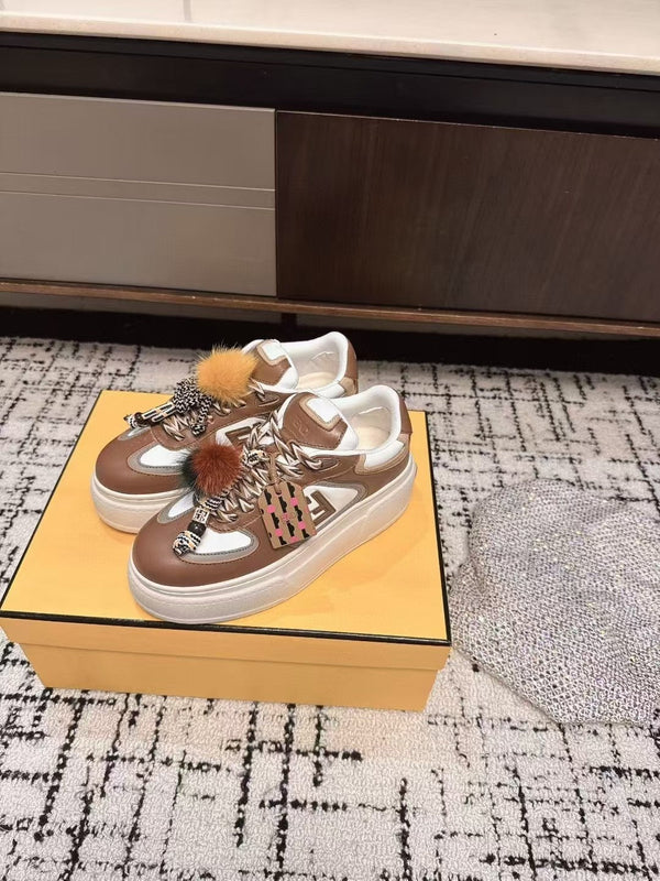 Fendi 25ss Thick-Sole Match Sneakers Coffee Brown Cowhide 470467