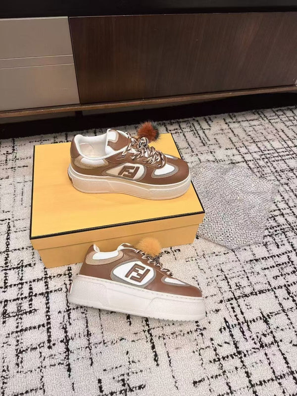 Fendi 25ss Thick-Sole Match Sneakers Coffee Brown Cowhide 470467