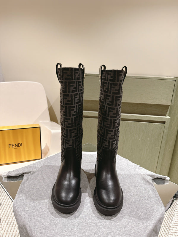 Fendi Long Boots F Pattern Black Cowhide 463749