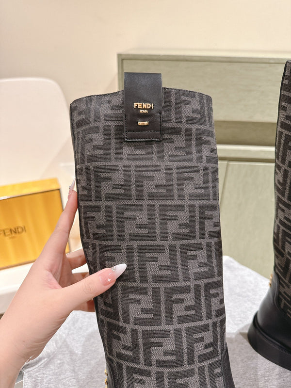 Fendi Long Boots F Pattern Black Cowhide 463749