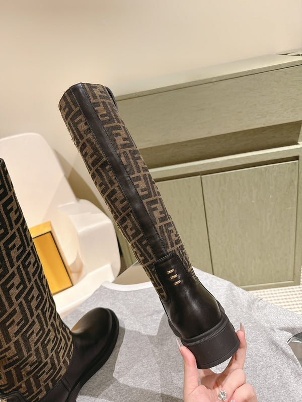 Fendi Long Boots F Pattern Black and Brown Cowhide 463748