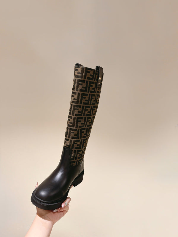Fendi Long Boots F Pattern Black and Brown Cowhide 463748