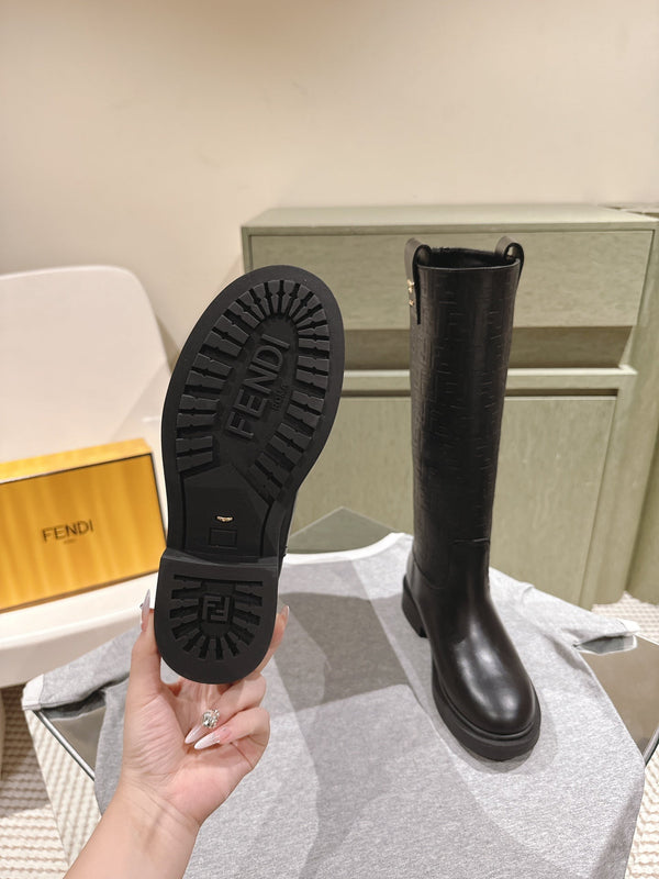 Fendi Long Boots F Embossed Pattern Black Cowhide 463747