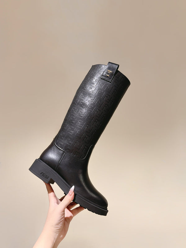 Fendi Long Boots F Embossed Pattern Black Cowhide 463747