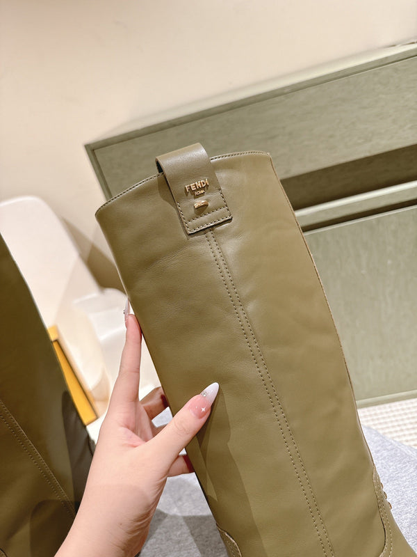 Fendi Long Boots Military Green Cowhide 463745