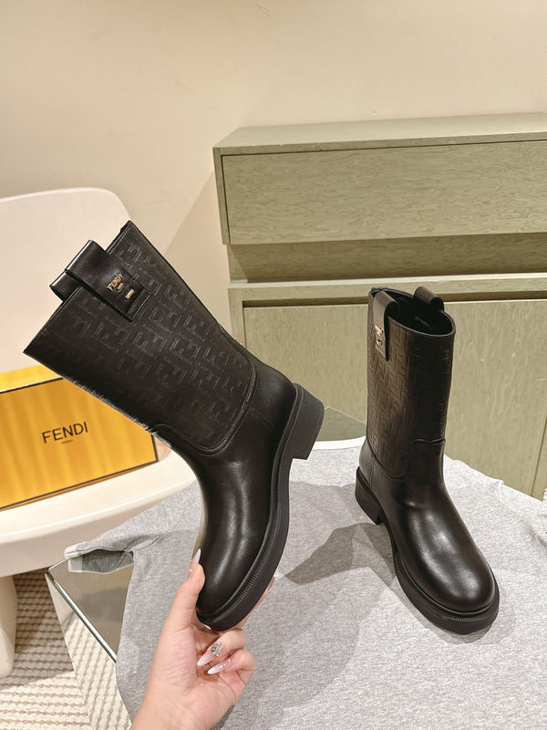 Fendi Ankle Boots F Embossed Pattern Black Cowhide 463741