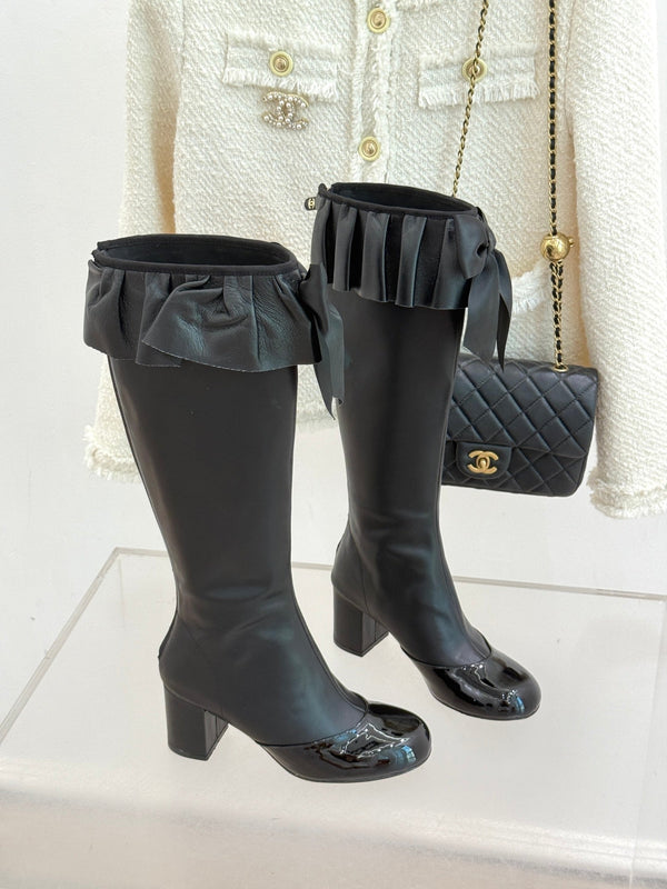 CC 25A Pleated-Collar Bow-Tie Stretch High Boots Black Lambskin 473359