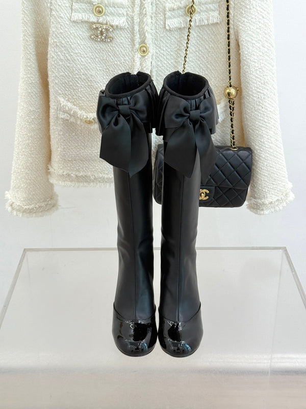 CC 25A Pleated-Collar Bow-Tie Stretch High Boots Black Lambskin 473359