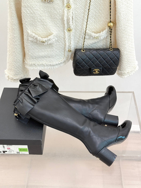 CC 25A Pleated-Collar Bow-Tie Stretch High Boots Black Lambskin 473359