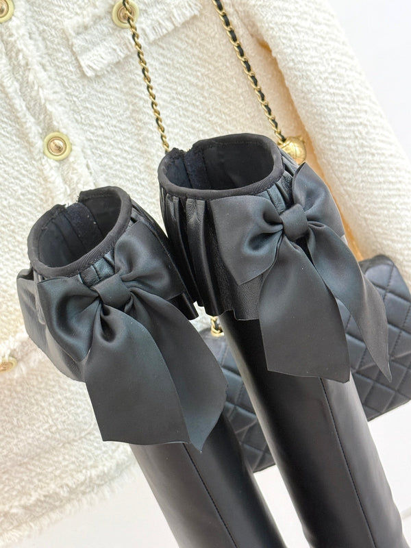 CC 25A Pleated-Collar Bow-Tie Stretch High Boots Black Lambskin 473359