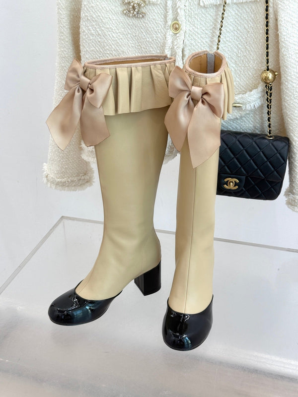 CC 25A Pleated-Collar Bow-Tie Stretch High Boots Beige Lambskin 473357