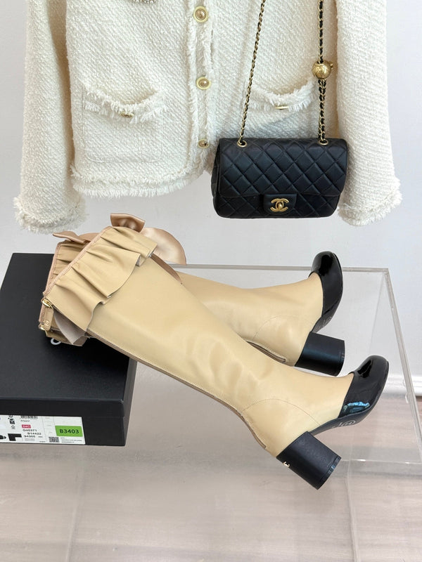 CC 25A Pleated-Collar Bow-Tie Stretch High Boots Beige Lambskin 473357