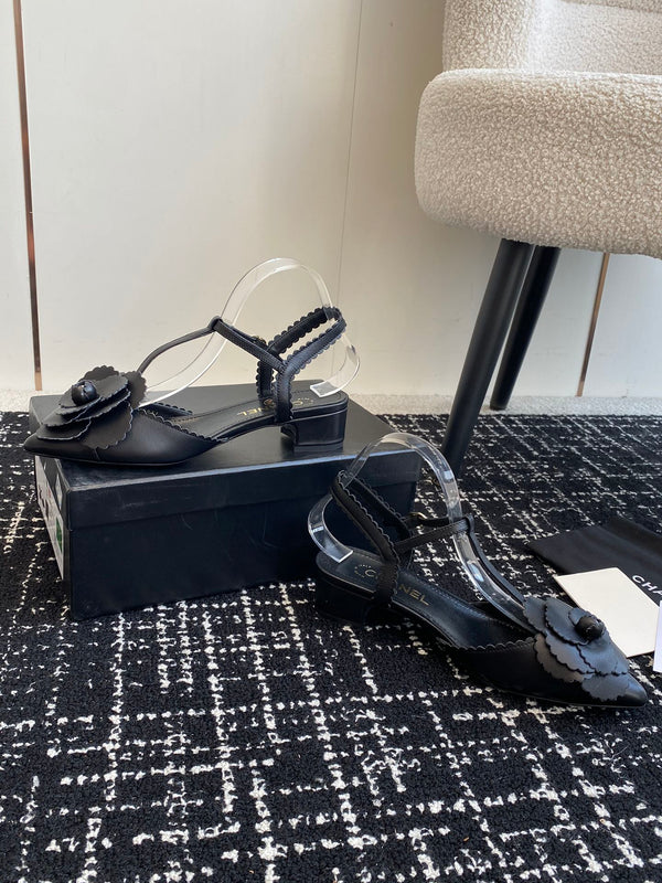 CC 25C Camellia Mid-Back Sandals Black Lambskin With Flower 473434