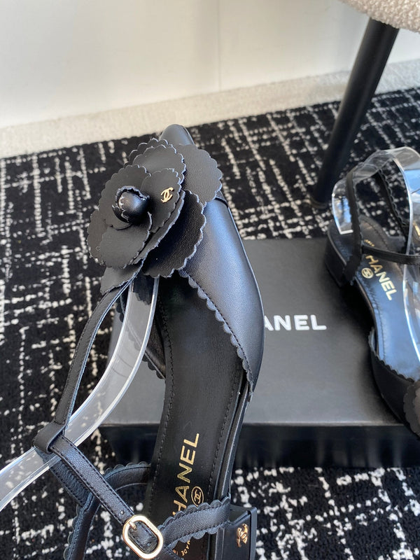 CC 25C Camellia Mid-Back Sandals Black Lambskin With Flower 473434