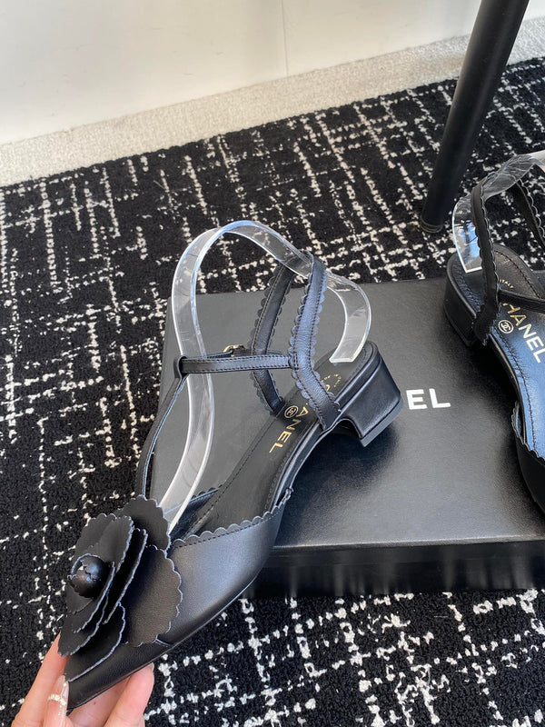 CC 25C Camellia Mid-Back Sandals Black Lambskin With Flower 473434