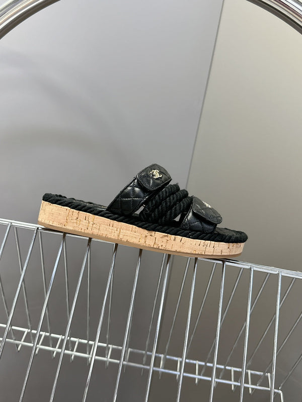 CC 25 Sandals Black Rope and Sheepskin 473366